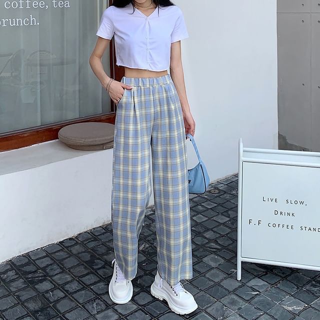 Leg Plaid Waist Pants Wide Elastic FashionChic