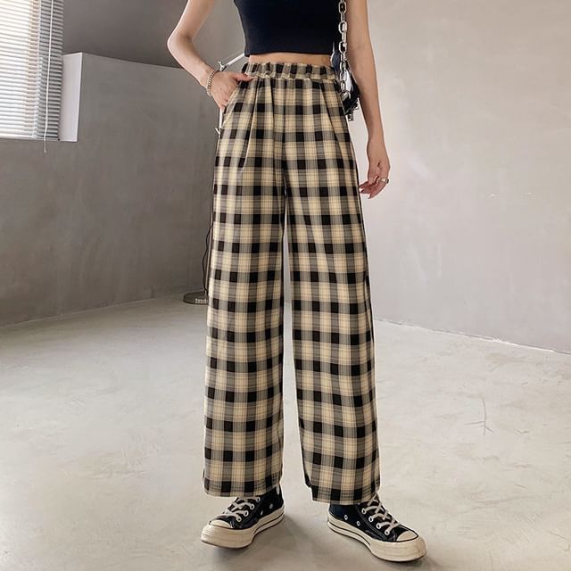 Leg Plaid Waist Pants Wide Elastic FashionChic