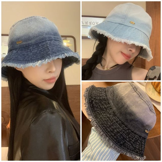 Gradient Washed Frayed Denim Bucket Hat SpreePicky