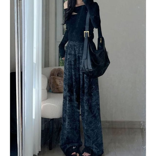 Ink Painting Print High Rise Elastic Waist Wide Leg Sweatpants SpreePicky