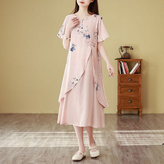 Short-Sleeve Floral Print Frog Buttoned Slit Midi A-Line Dress SpreePicky