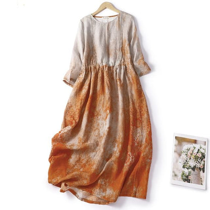 Puff-Sleeve Tie-Dyed Midi A-Line Dress SpreePicky