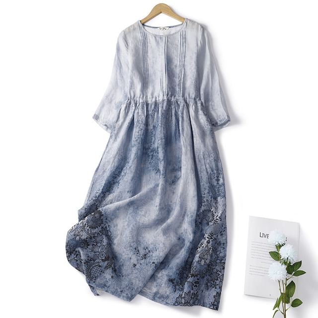 Puff-Sleeve Tie-Dyed Midi A-Line Dress SpreePicky