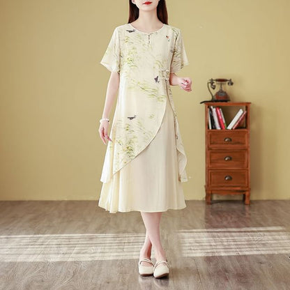 Short-Sleeve Floral Print Frog Buttoned Slit Midi A-Line Dress SpreePicky