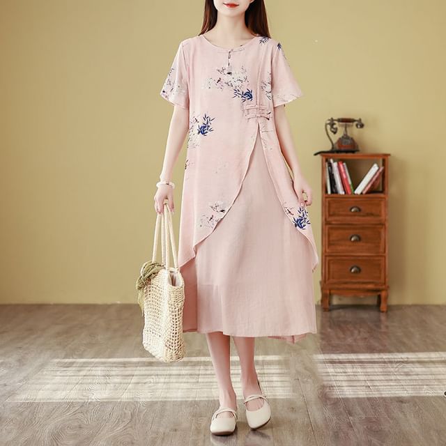 Short-Sleeve Floral Print Frog Buttoned Slit Midi A-Line Dress SpreePicky