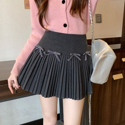 High Waist Plain Bow Pleated Mini A-Line Skirt SpreePicky