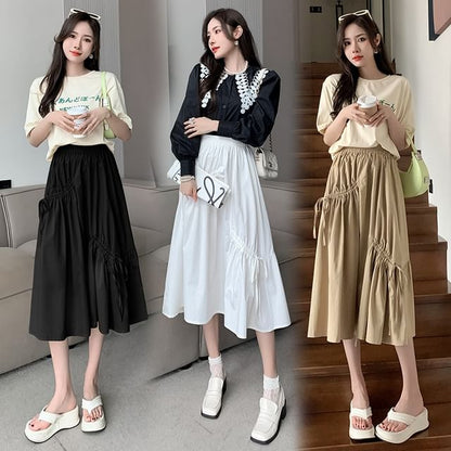 High Waist Plain Drawstring Midi A-Line Skirt SpreePicky