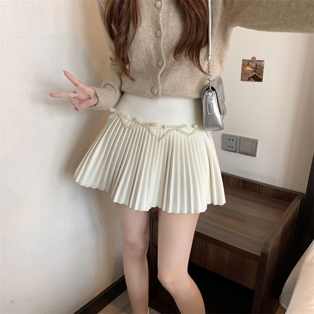 High Waist Plain Bow Pleated Mini A-Line Skirt SpreePicky