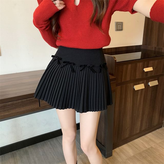 High Waist Plain Bow Pleated Mini A-Line Skirt SpreePicky