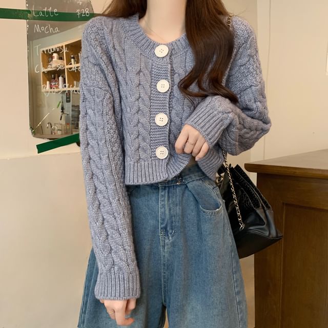 Plain Cable-Knit Cropped Cardigan SpreePicky