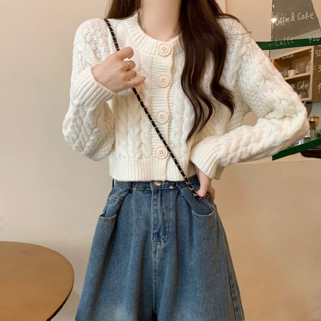 Plain Cable-Knit Cropped Cardigan SpreePicky