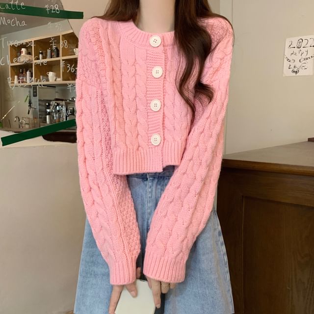 Plain Cable-Knit Cropped Cardigan SpreePicky