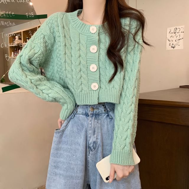 Plain Cable-Knit Cropped Cardigan SpreePicky