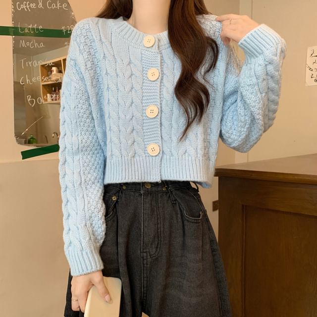 Plain Cable-Knit Cropped Cardigan SpreePicky