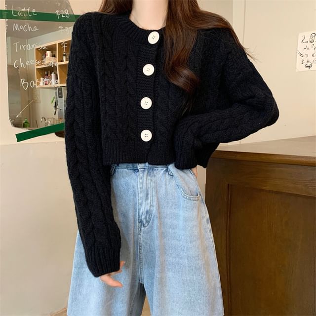 Plain Cable-Knit Cropped Cardigan SpreePicky