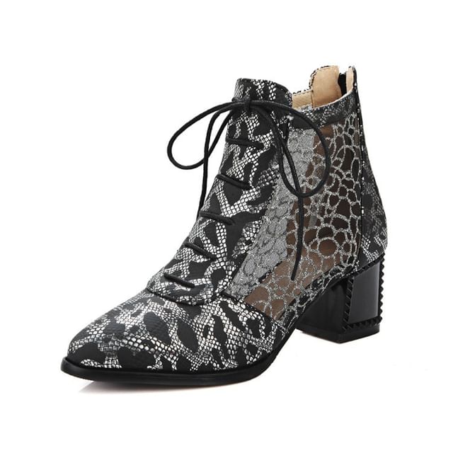 Chunky Heel Snake Skin Print Mesh Panel Lace SpreePicky