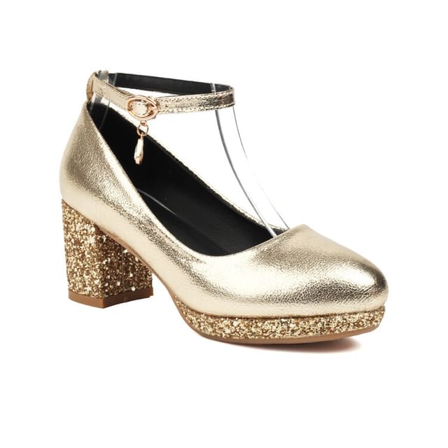 Chunky Heel Ankle Strap Sequin Pumps SpreePicky