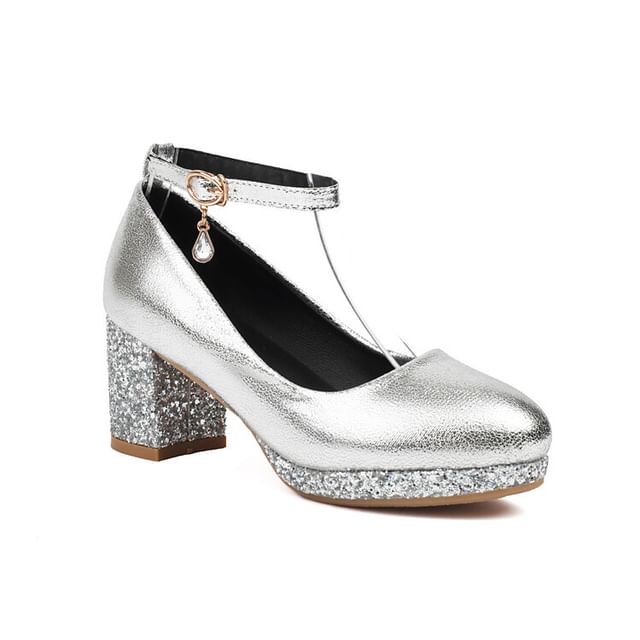 Chunky Heel Ankle Strap Sequin Pumps SpreePicky