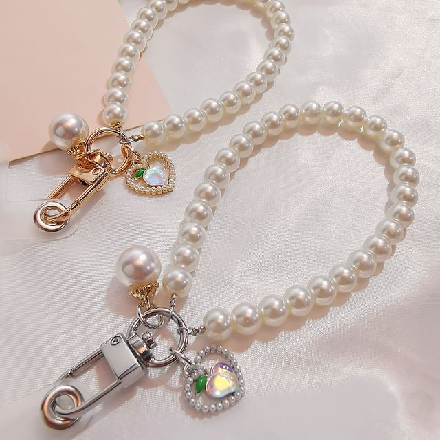 Peach Faux Pearl Phone Strap with Lanyard Pad SpreePicky