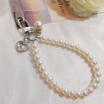 Peach Faux Pearl Phone Strap with Lanyard Pad SpreePicky