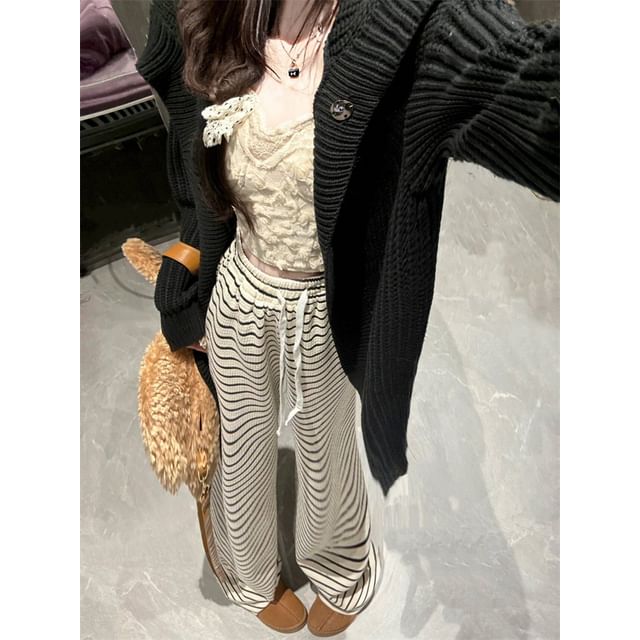 Drawstring Waist Striped Wide Leg Pants SpreePicky