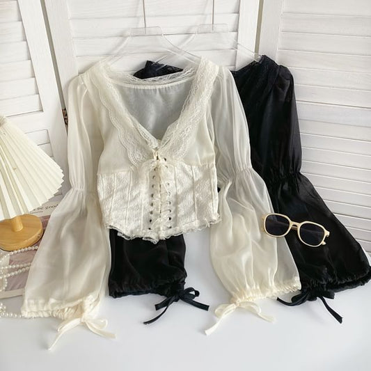 V-Neck Plain Lace Trim Bustier Blouse mySite