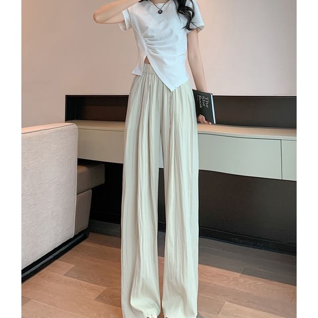 High Rise Plain Elastic Waist Wide Leg Pants SpreePicky