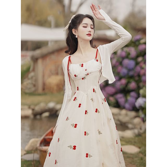 Set: Spaghetti Strap Floral Embroidered Midi A SpreePicky