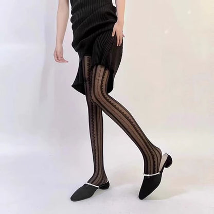 Striped Lace Trim Sheer Tights mySite