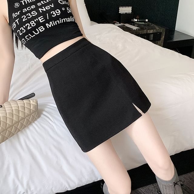 High Rise Plain Side-Slit Mini Pencil Skirt SpreePicky