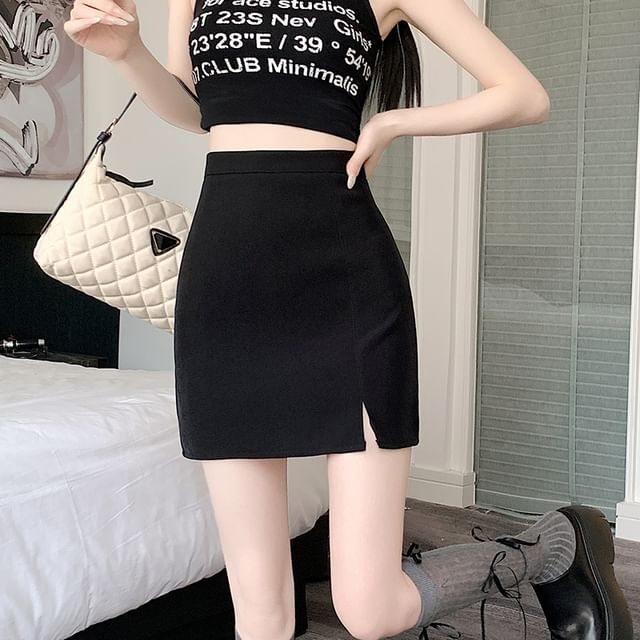 High Rise Plain Side-Slit Mini Pencil Skirt SpreePicky