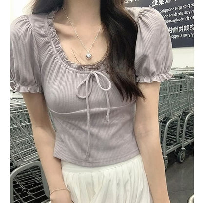 Puff-Sleeve Scoop Neck Plain Bow Tee SpreePicky