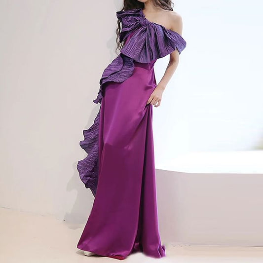 Spaghetti Strap One-Shoulder Two Tone Bow Accent Ruffle Trim A-Line Satin Evening Gown SpreePicky