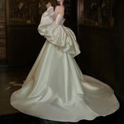 Set: Strapless Sweetheart Neckline Plain Trained Satin A-Line Ball Gown + Shawl SpreePicky