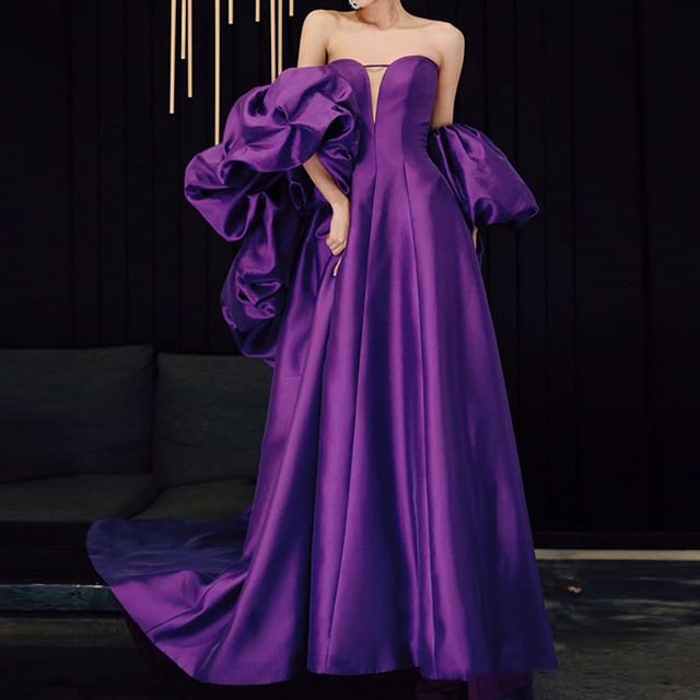 Set: Strapless Sweetheart Neckline Plain Trained Satin A-Line Ball Gown + Shawl SpreePicky