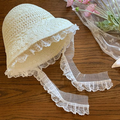 Lace Trim Straw Bucket Hat SpreePicky