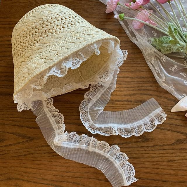 Lace Trim Straw Bucket Hat SpreePicky