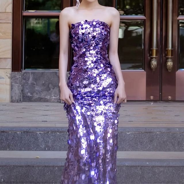 Strapless Plain Sequin Mermaid Evening Gown SpreePicky