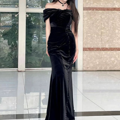 Off-Shoulder Plain Knot Ruched Mermaid Evening Gown SpreePicky