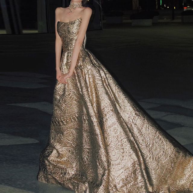 Strapless Patterned A-Line Gown Evening Jacquard FashionChic