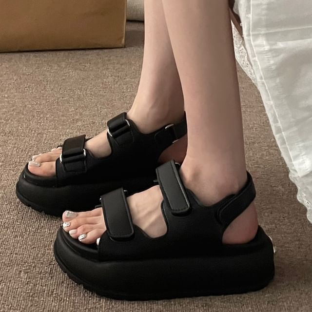 Platform Adhesive Strap Plain Faux Leather Slingback Sandals SpreePicky