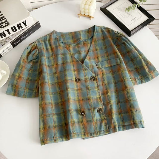 Short-Sleeve Double Breasted Plaid Shirt mySite