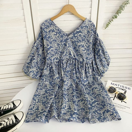 Elbow-Sleeve V-Neck Print Mini A-Line Dress mySite