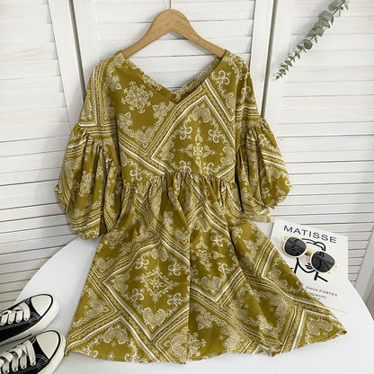 Elbow-Sleeve V-Neck Print Mini A-Line Dress mySite