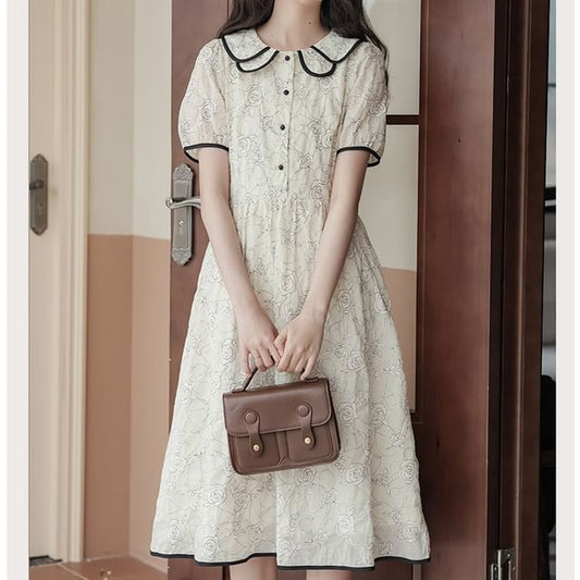 Short-Sleeve Collar Floral Midi A-Line Dress mySite