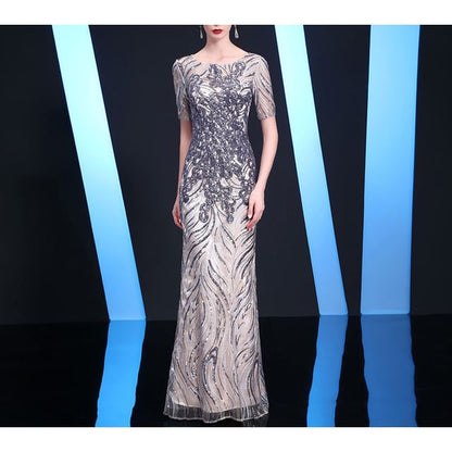 Short-Sleeve Round Neck Patterned Sequin Trumpet Evening Gown SpreePicky