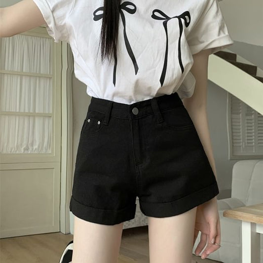 High Waist Roll Up Hem Denim Hot Pants SpreePicky