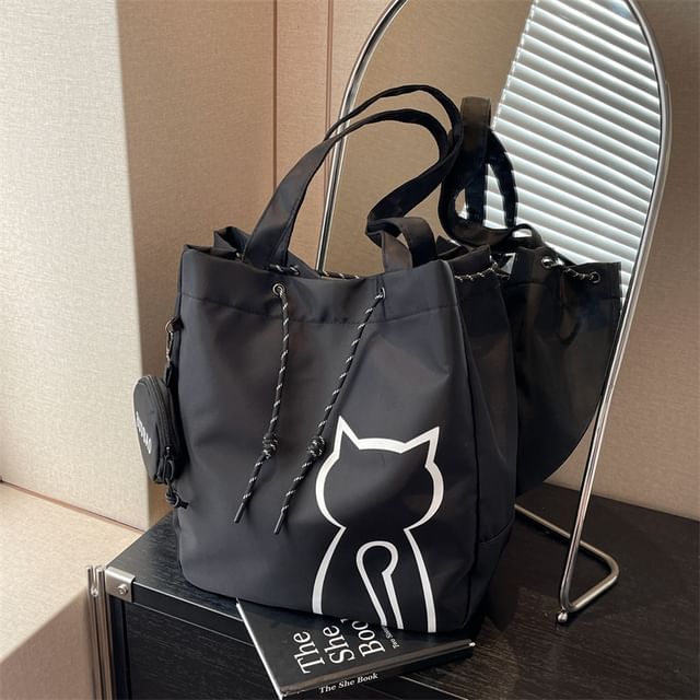 Set: Cat Print Drawstring Fabric Tote Bag + Pouch SpreePicky