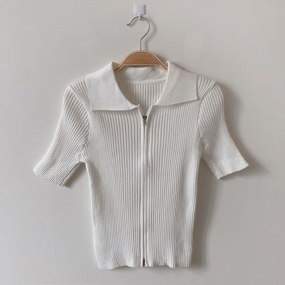 Short-Sleeve Collared Plain Zip Knit Top SpreePicky