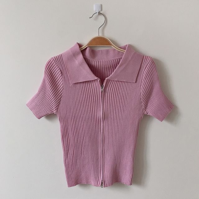 Short-Sleeve Collared Plain Zip Knit Top SpreePicky